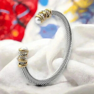 🆕️Vintage Elegant Stainless Steel Cuff Bangle Bracelet Rhinestone & Faux Pearls